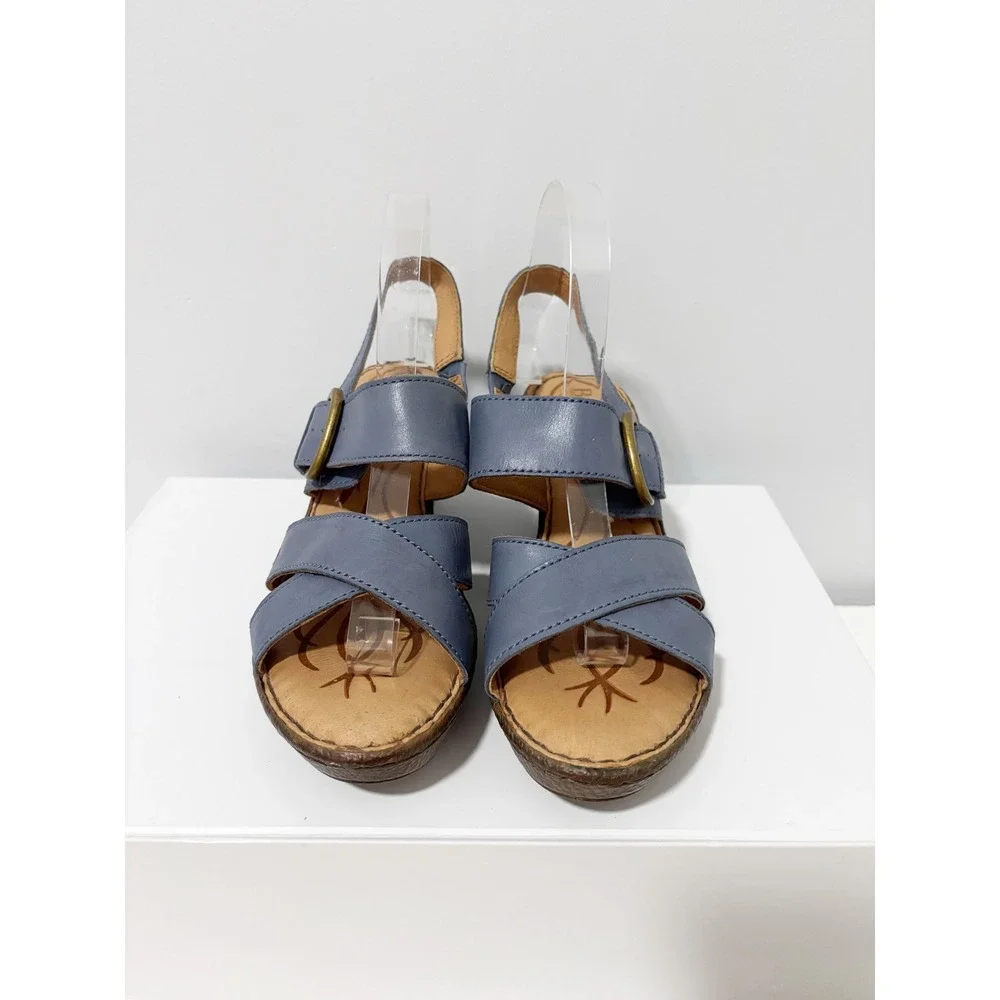 Born Slate Blue Leather Wedge Sandals